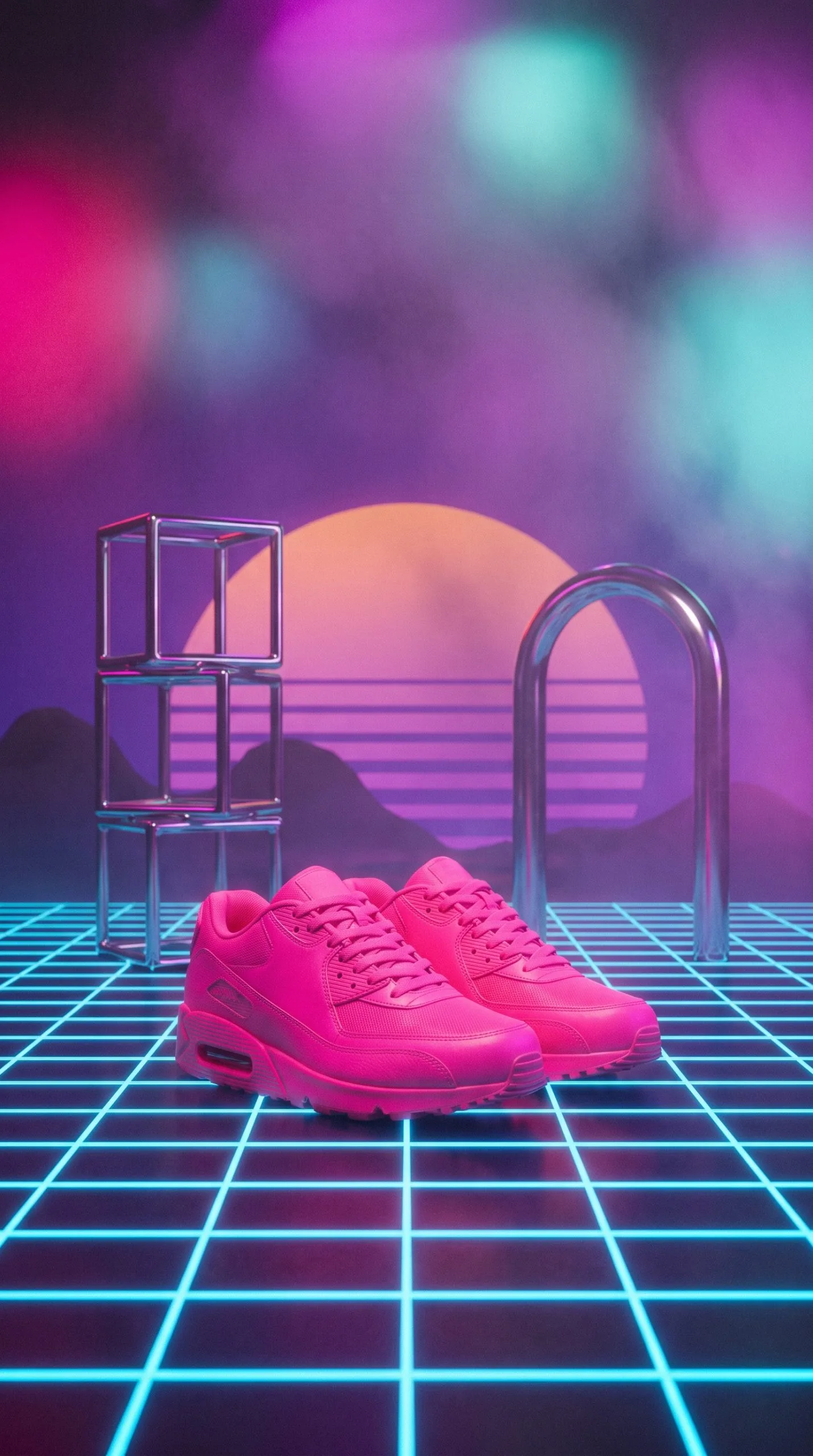80s product effect shot of pink sneakers on a glowing blue neon grid