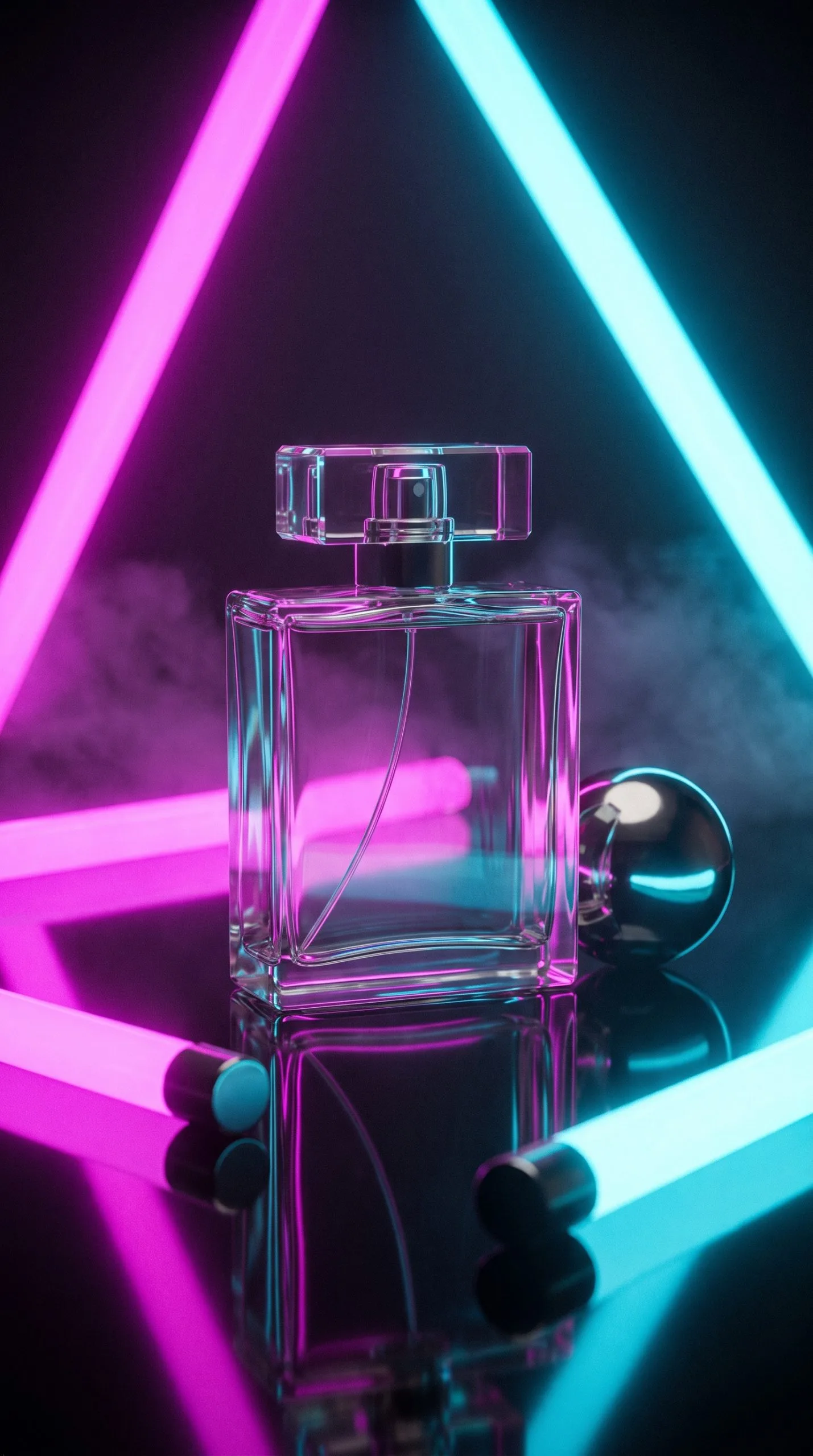 80s product effect shot of a perfume bottle lit by magenta and cyan tube lights