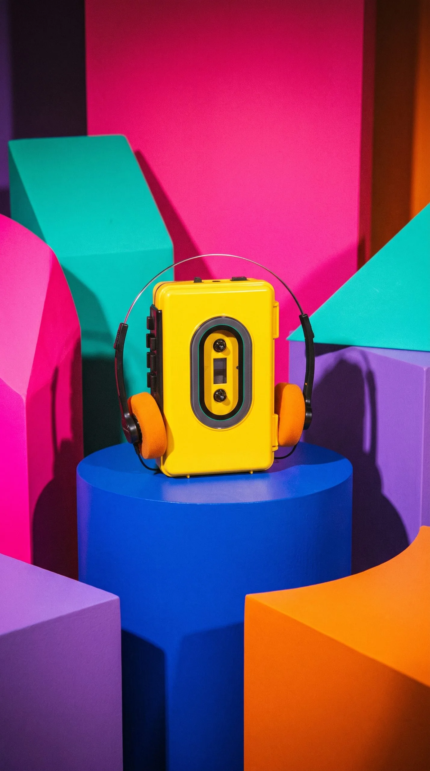 80s product effect shot of a small tech device on a blue pedestal with geometric shapes