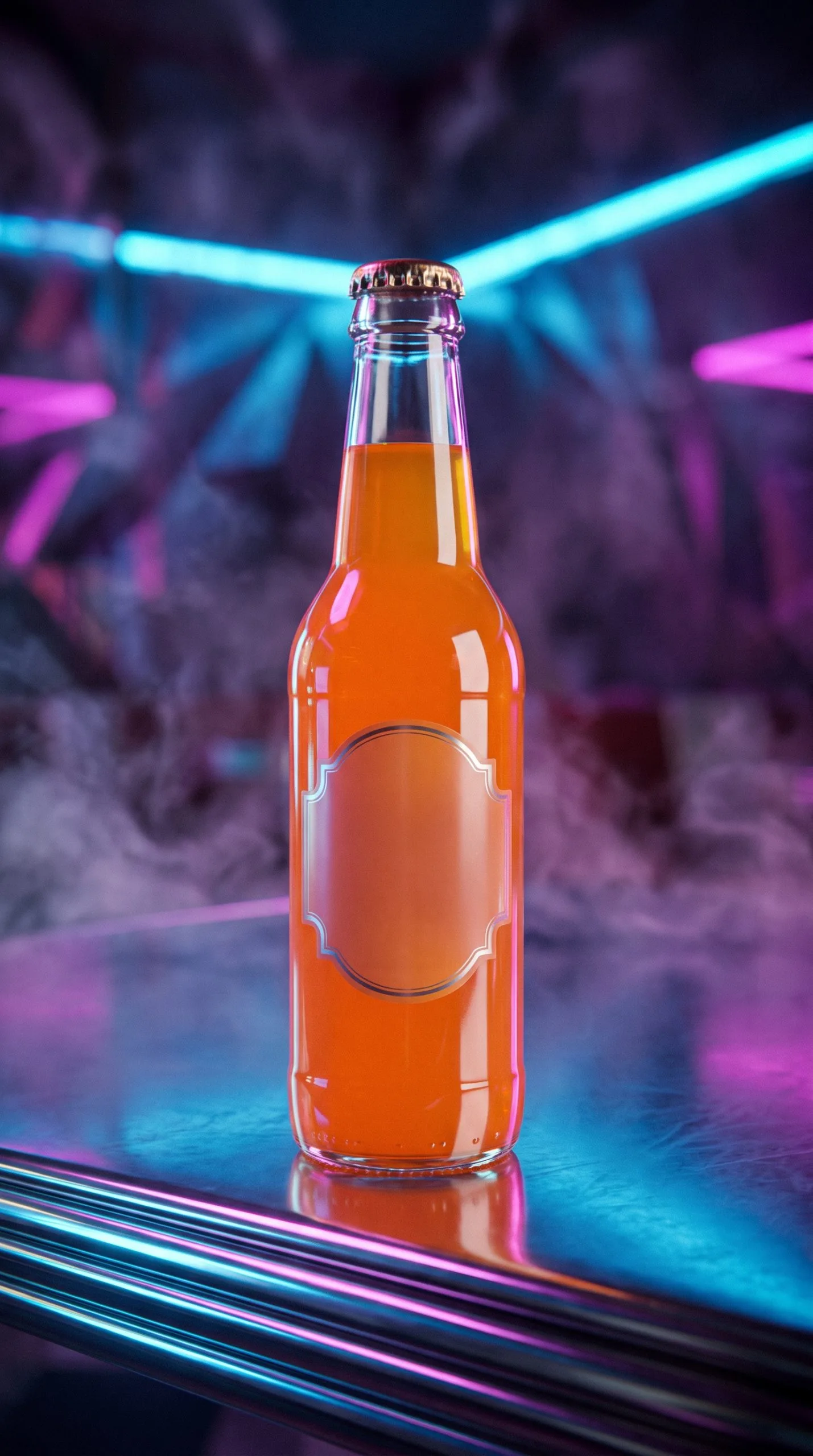 80s product effect shot of a chrome drink can wrapped in colored vapor