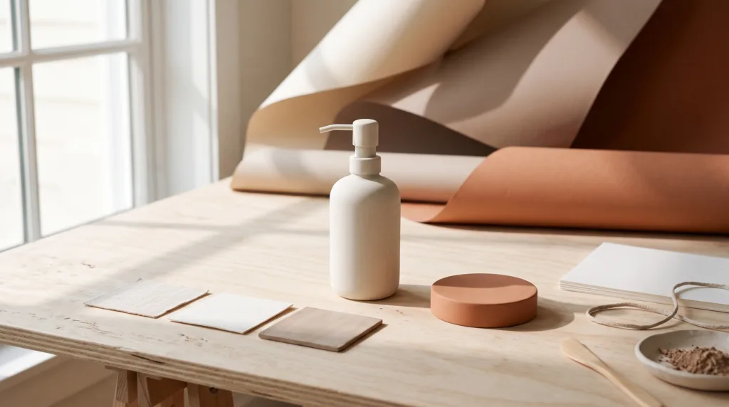 Unbranded pump bottle in a warm product studio with paper backdrops and material swatches