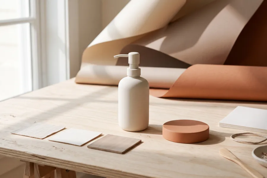 Unbranded pump bottle in a warm product studio with paper backdrops and material swatches