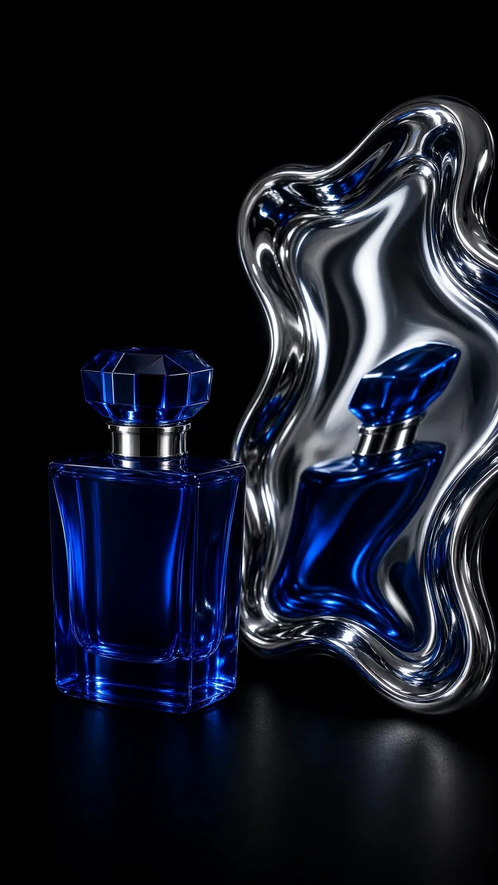 Cobalt glass fragrance bottle photographed with the cinematic mirror product effect on a wavy chrome surface