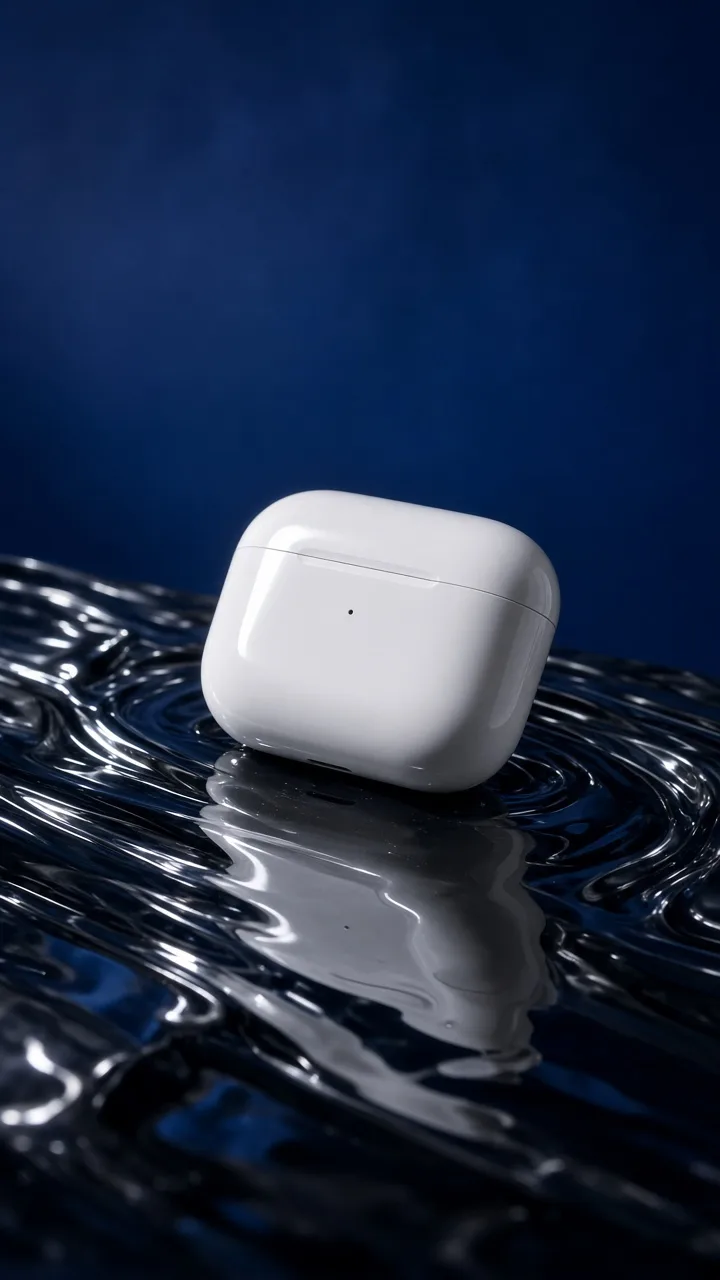 Matte wireless earbud case shown with the cinematic mirror product effect on rippled smoked acrylic