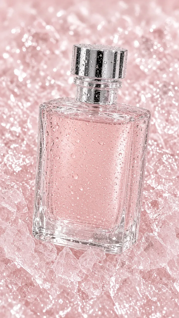 Crushed ice product effect with a perfume bottle in pale pink ice
