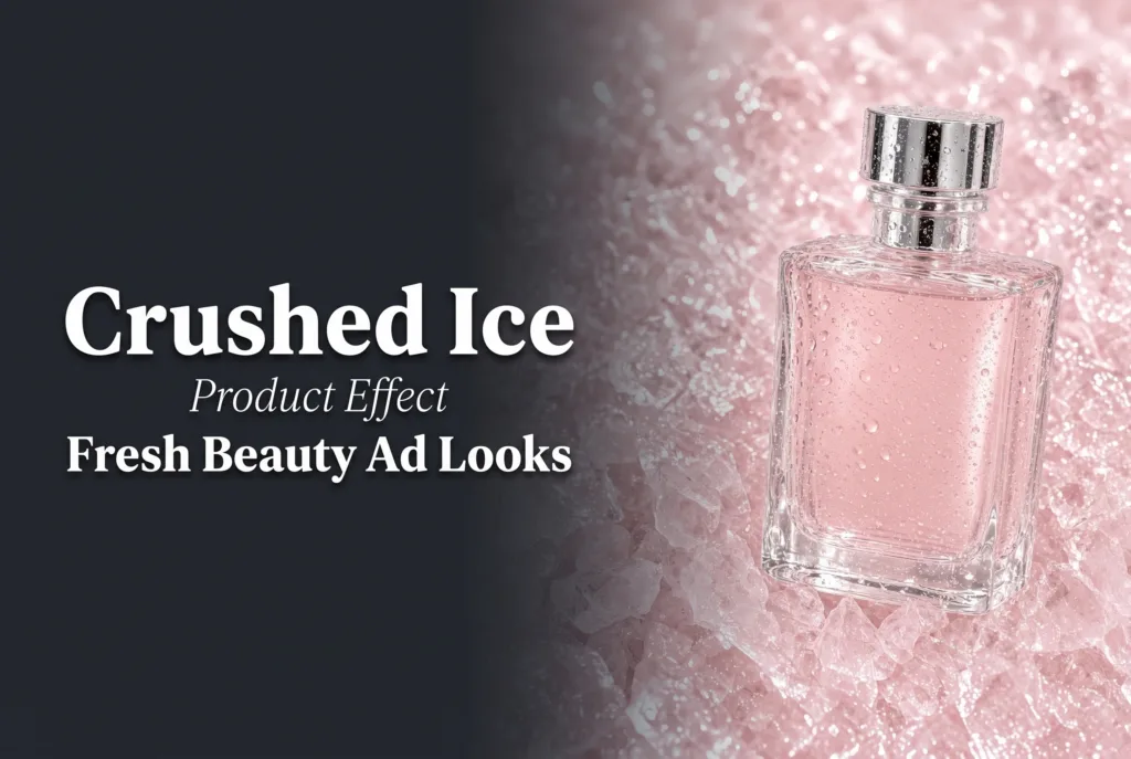 Crushed ice product effect with a glass beauty bottle surrounded by clear ice