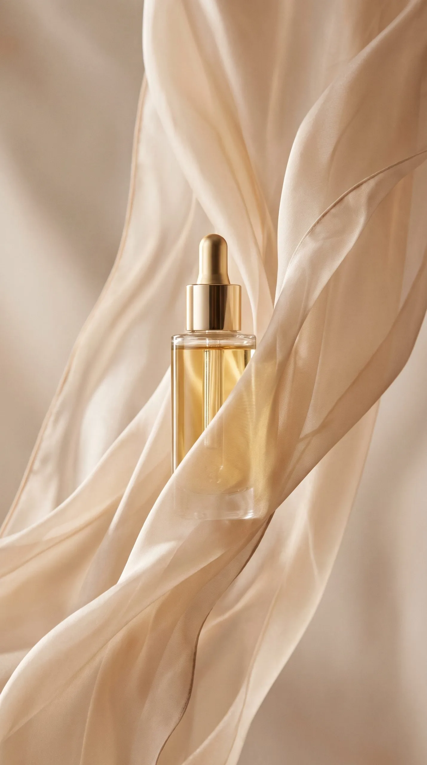 Floating fabric product effect on a clear serum bottle with a blush sheer silk halo