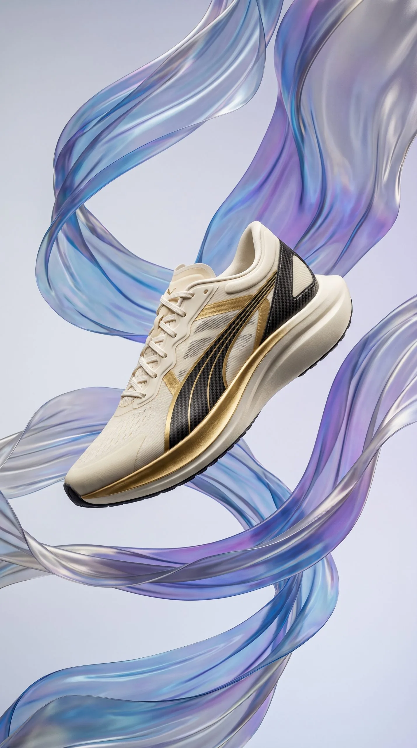 Floating fabric product effect on a white running shoe with a cobalt ribbon sweeping past the toe