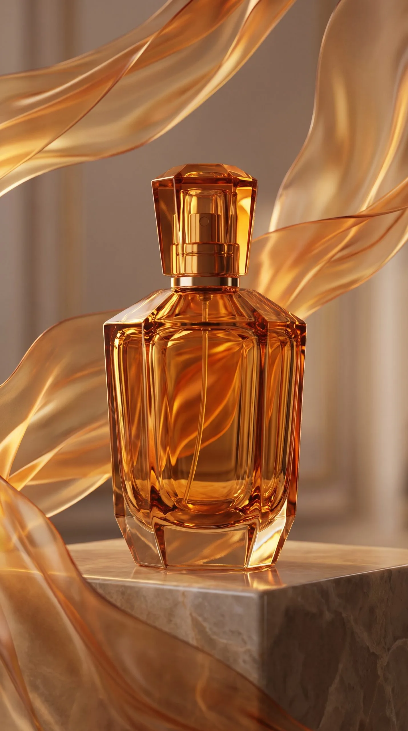 Floating fabric product effect on a square glass fragrance bottle framed by deep burgundy silk