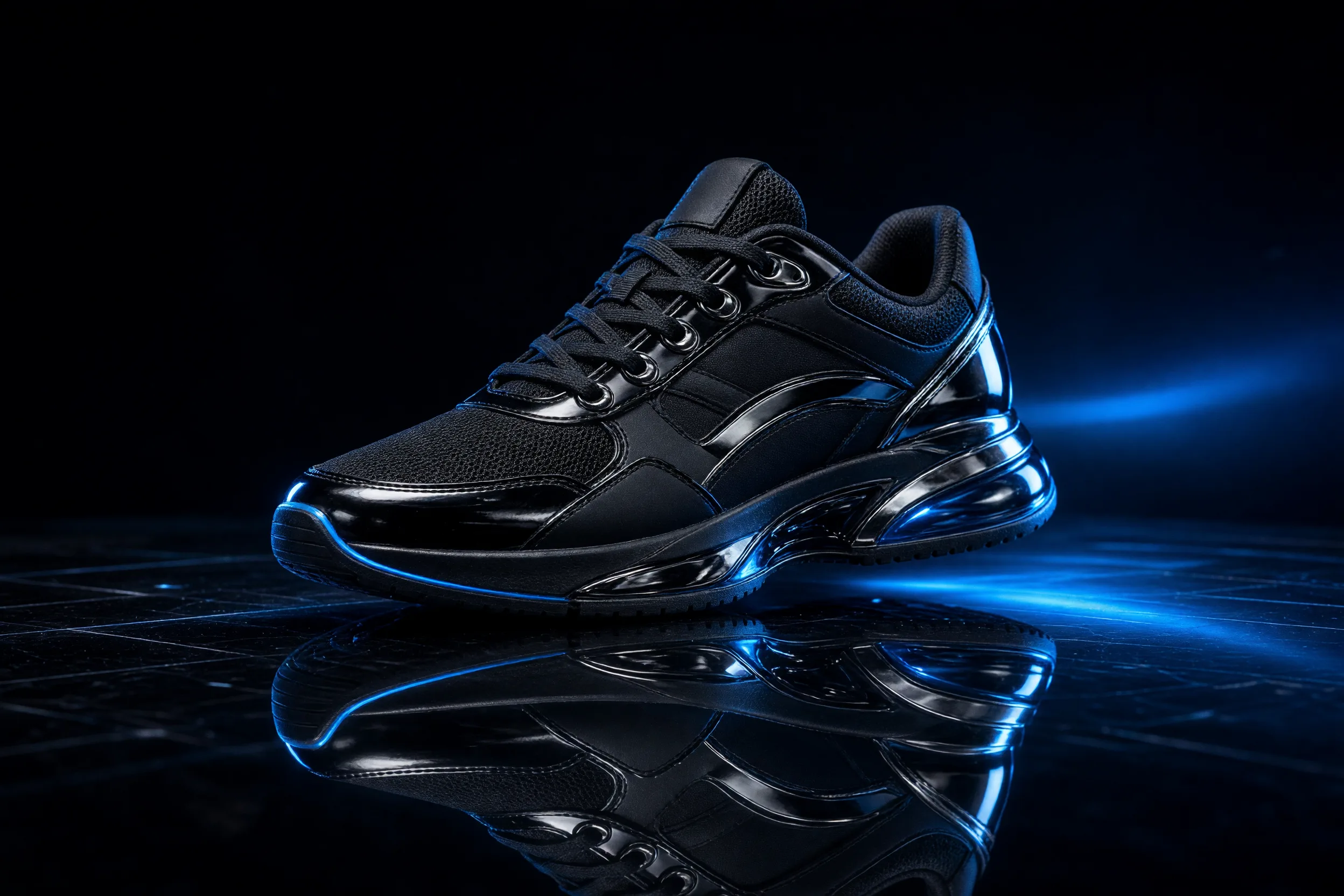 glass reflection product look: dark sneaker on a glossy black surface with a neon edge light tracing its outline