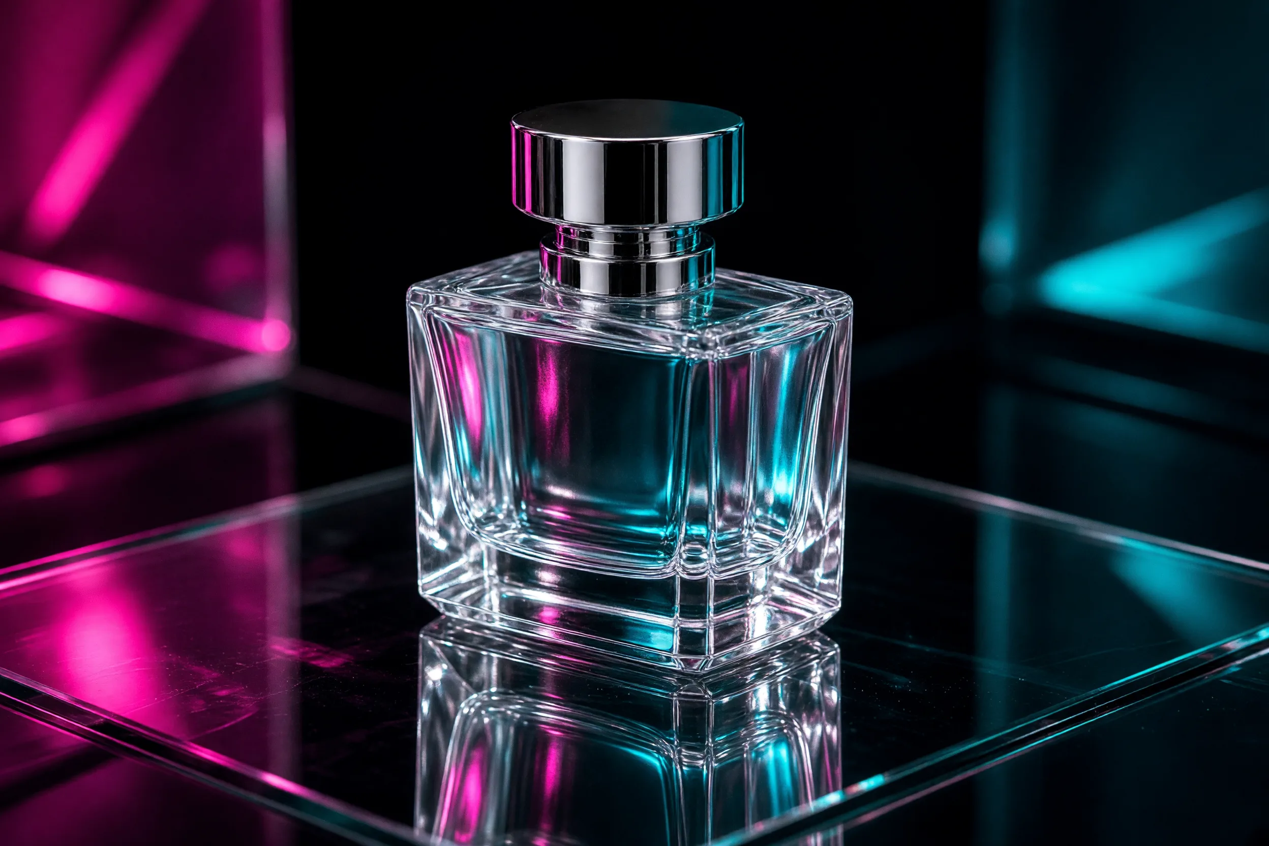 glass reflection product look: transparent perfume bottle on mirrored glass showing layered reflections under colored gel light