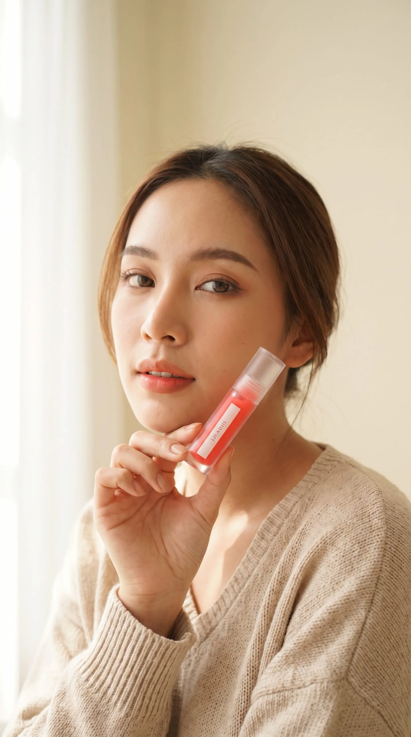 handheld product story with a lip oil held near a model’s face