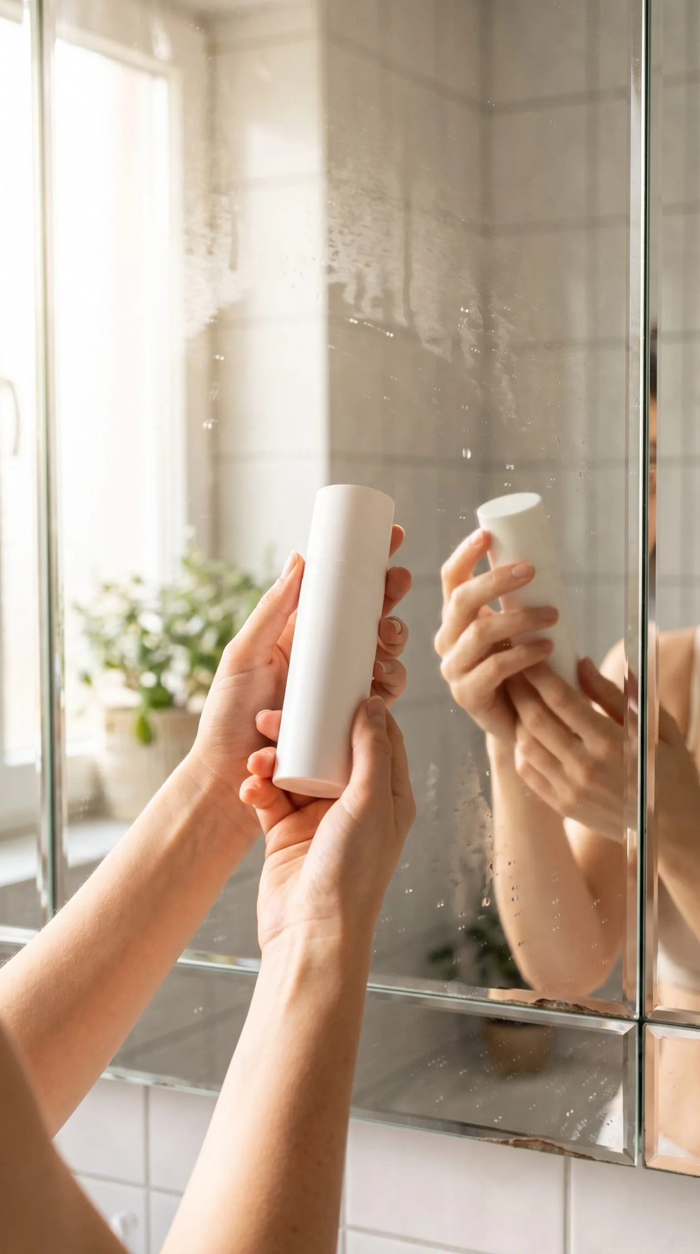 handheld product story showing skincare held during a mirror routine