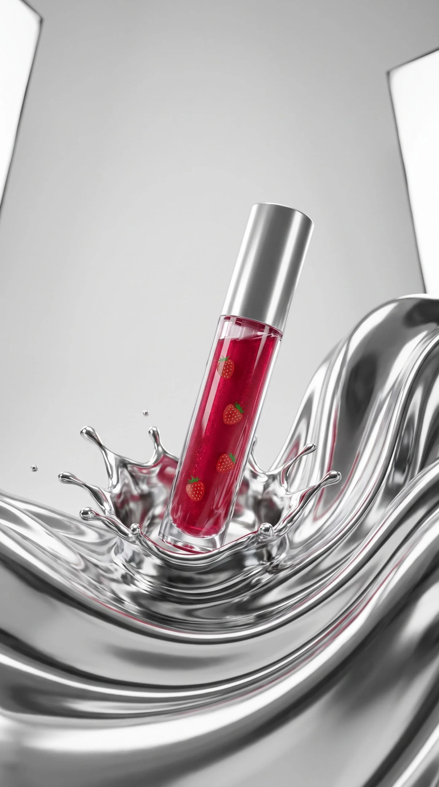 Liquid chrome product effect showing a lip gloss beauty tube standing upright in a low silver chrome pool