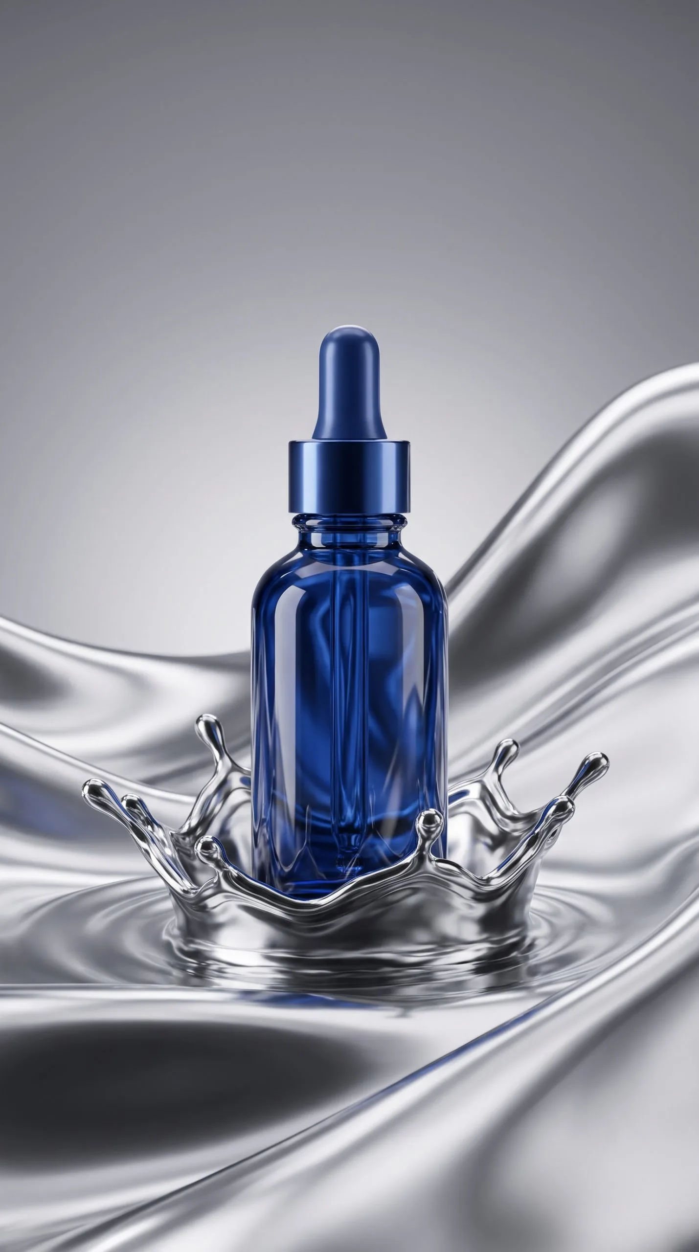 Liquid chrome product effect showing an amber serum bottle beside a tall edge-lit chrome wave