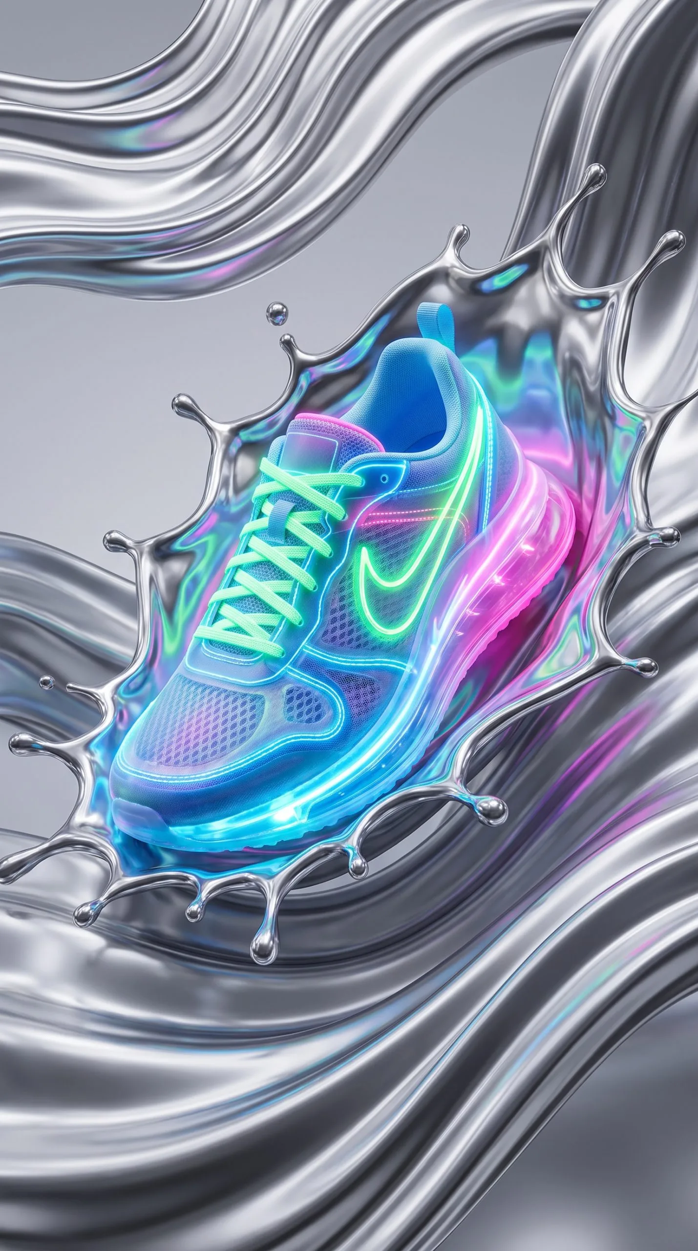 Liquid chrome product effect showing a white running sneaker cutting through a diagonal metallic chrome ribbon