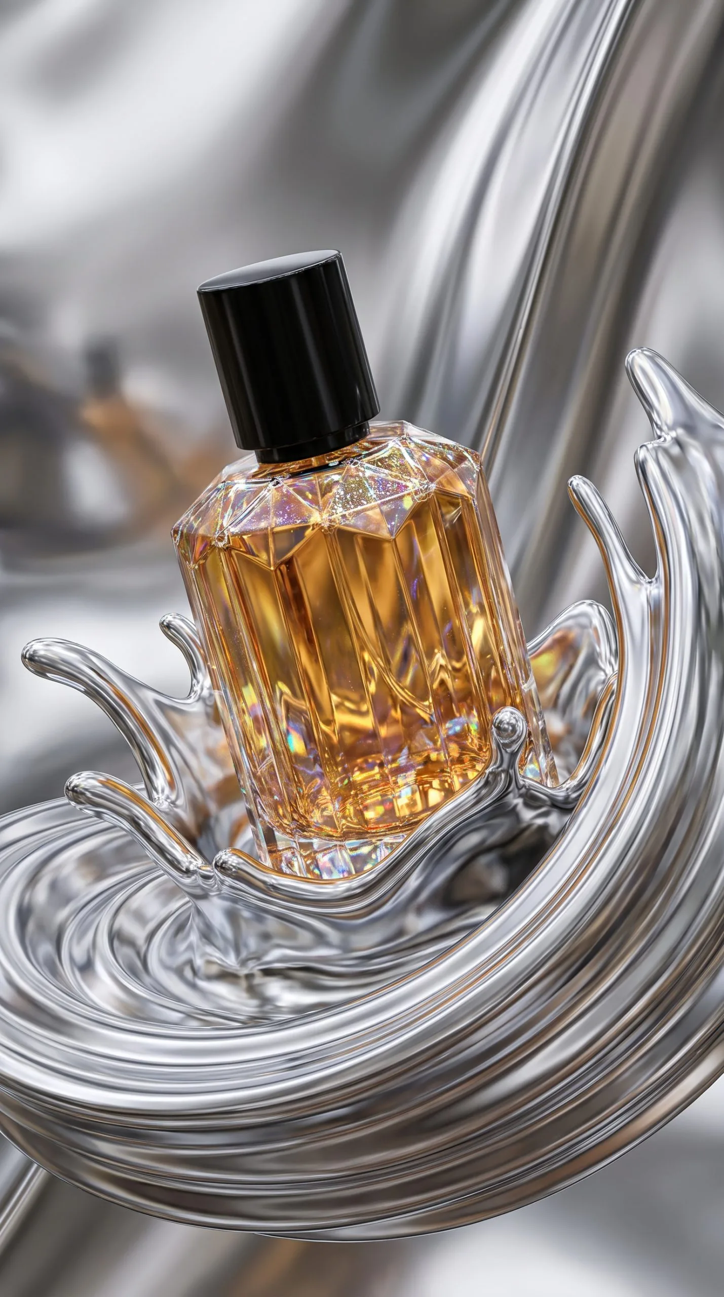 Liquid chrome product effect showing a square fragrance bottle centred inside a round silver chrome halo