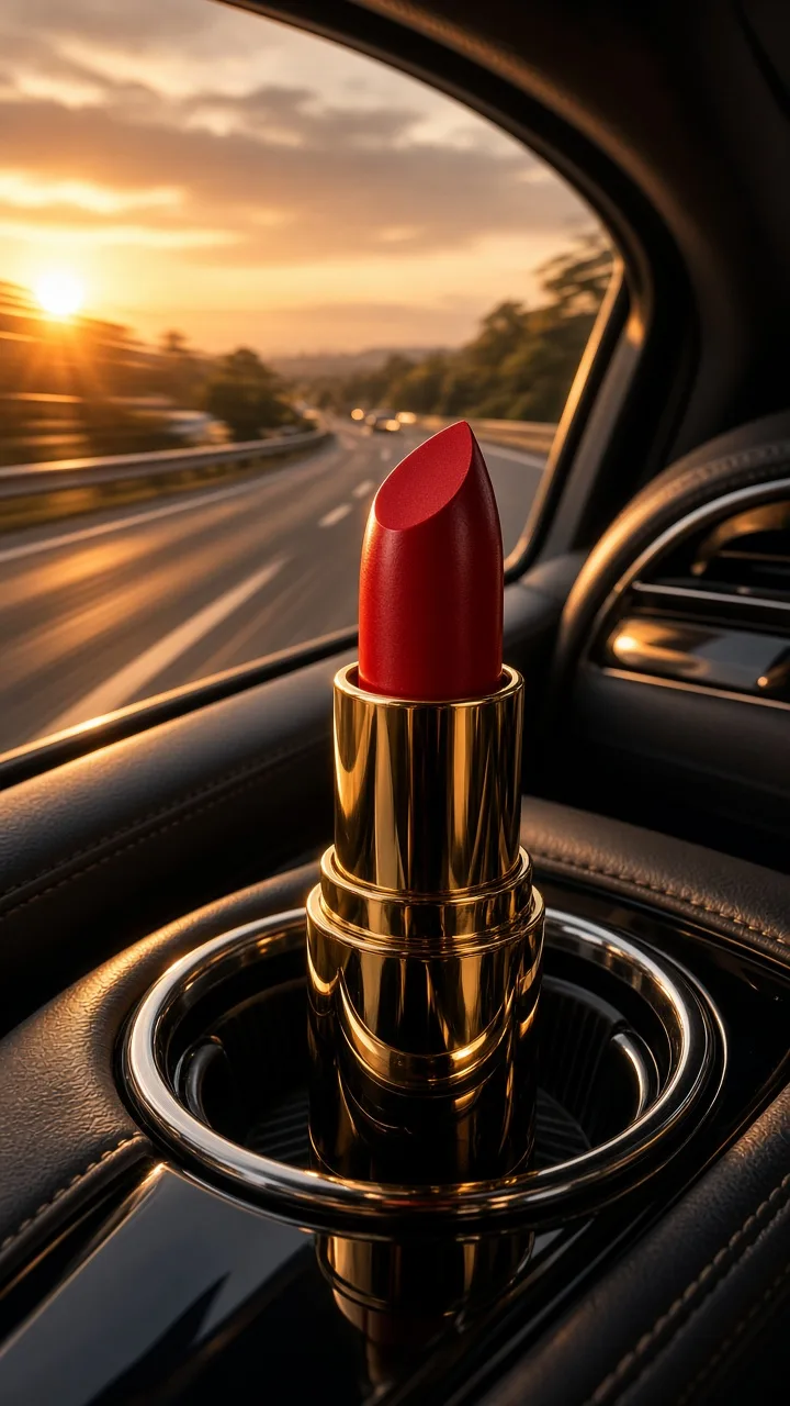 Luxury driving product effect showing a red lipstick catching warm sunset reflections inside a parked car