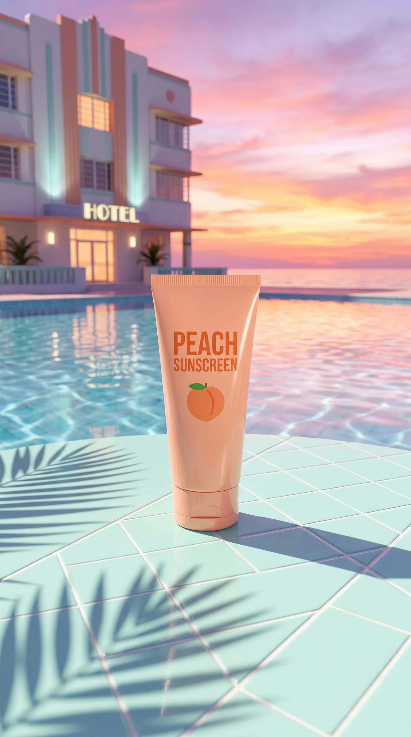Miami vice product look of a peach sunscreen tube standing on pale aqua pool tiles with a crisp palm-leaf shadow