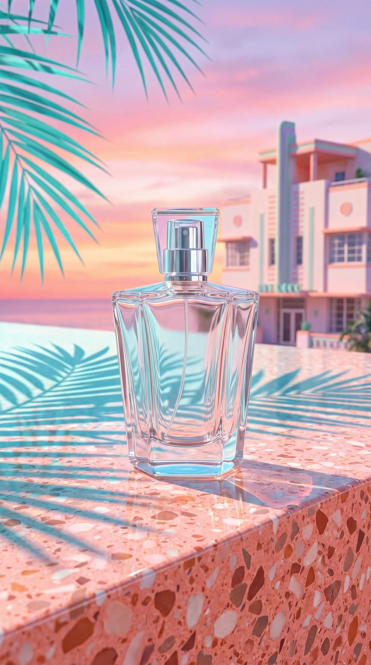 Miami vice product look of a clear perfume bottle on a coral terrazzo plinth with a pale aqua cast shadow and warm flash