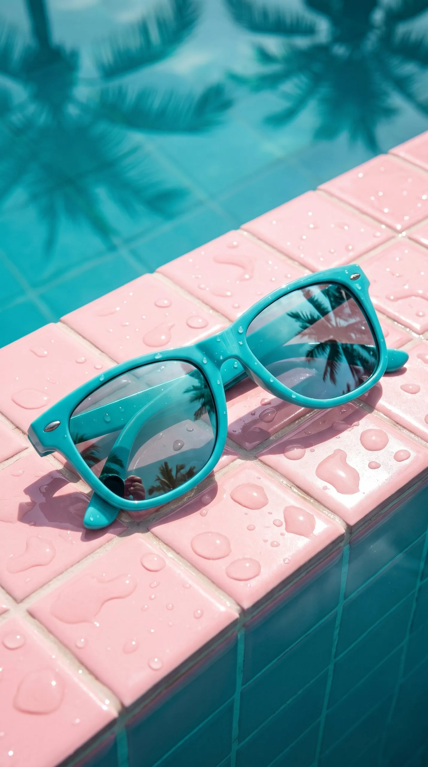 Miami vice product look of oversized sunglasses on wet aqua pool tiles with a palm reflection and crisp direct flash