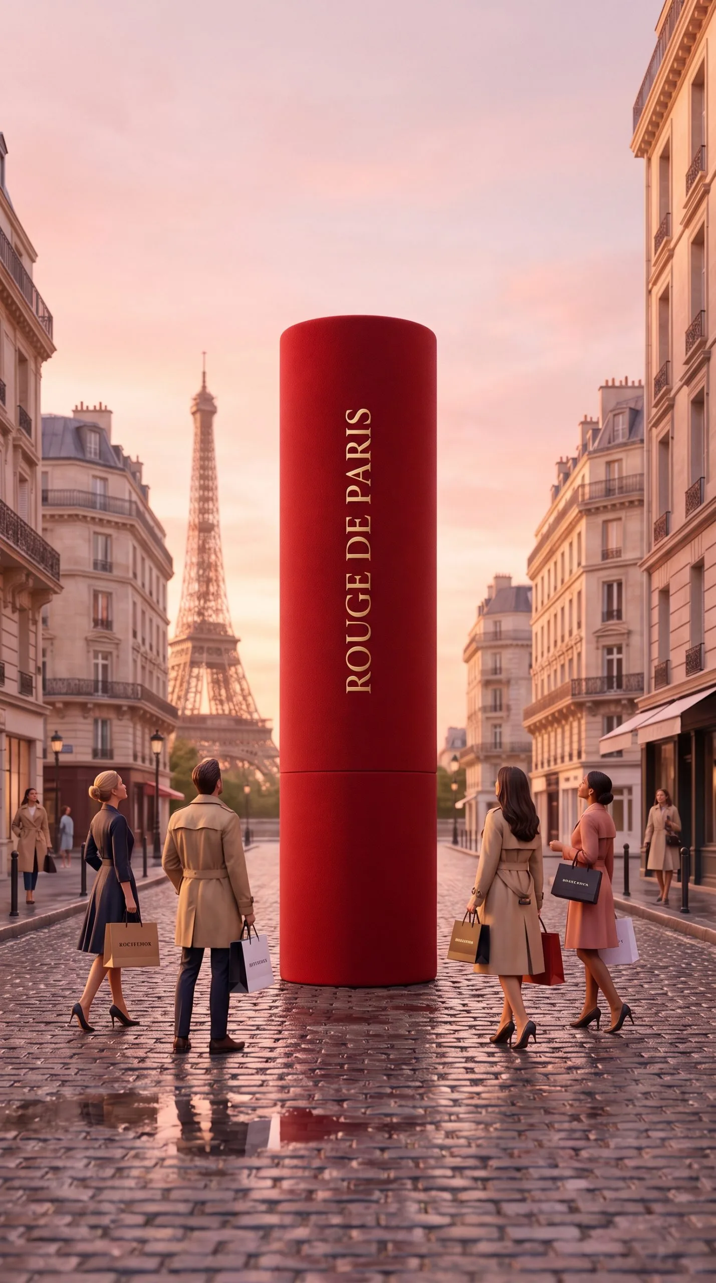 Miniature product world with a giant lipstick standing above a lively city shopping street