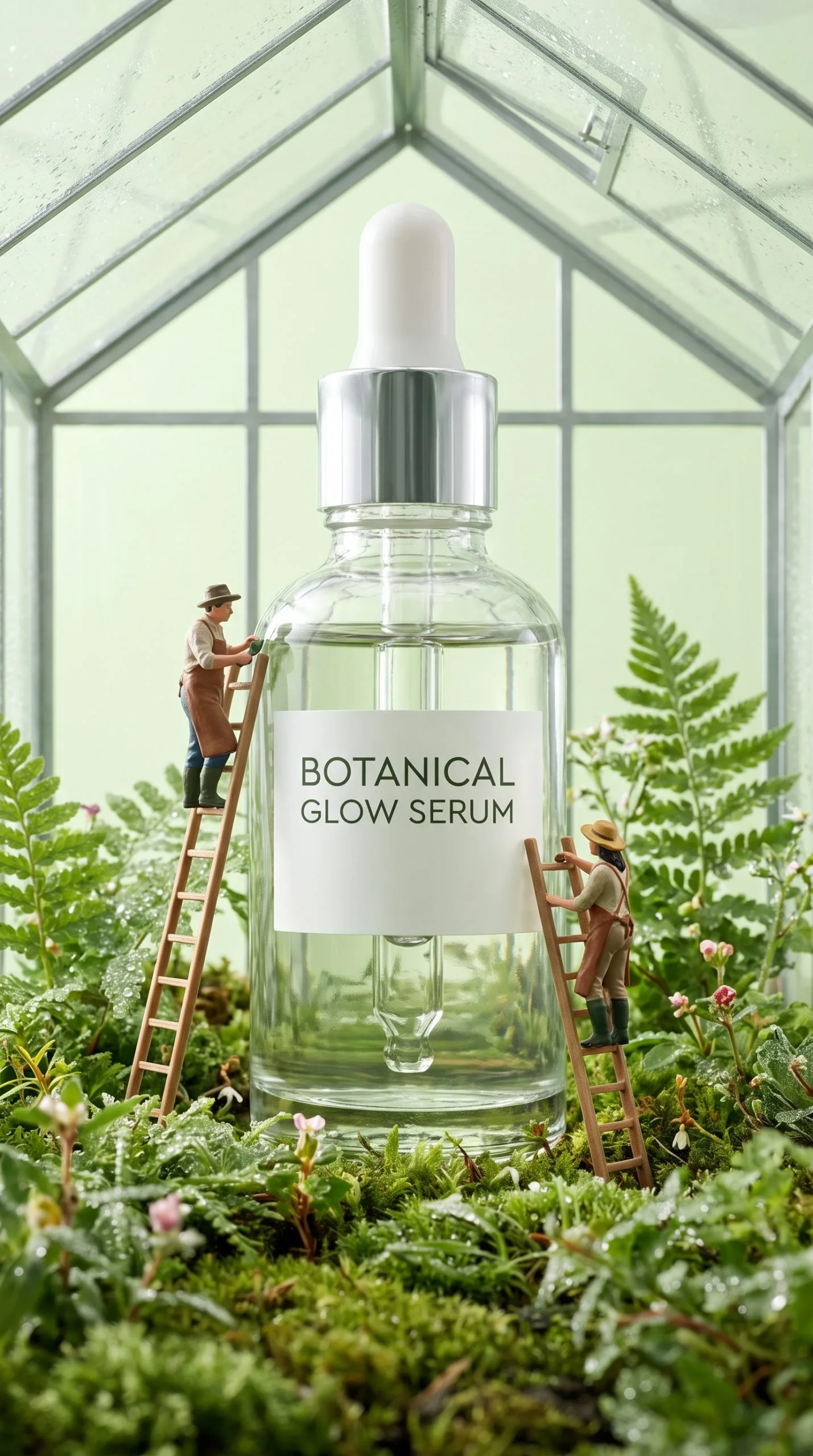 Miniature product world showing a serum bottle inside a lush greenhouse with tiny gardeners