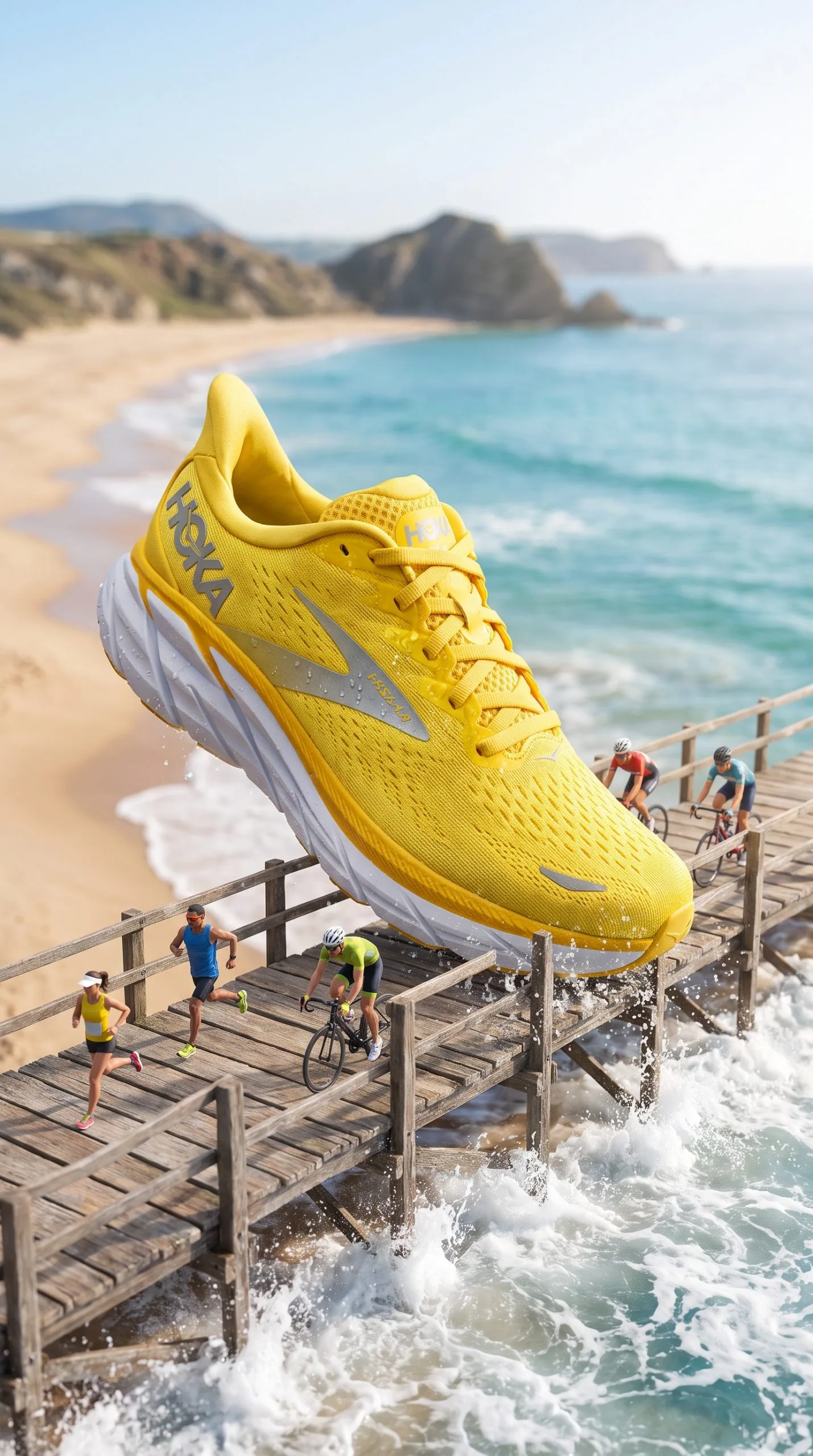 Miniature product world where runners follow a route built around an oversized athletic shoe