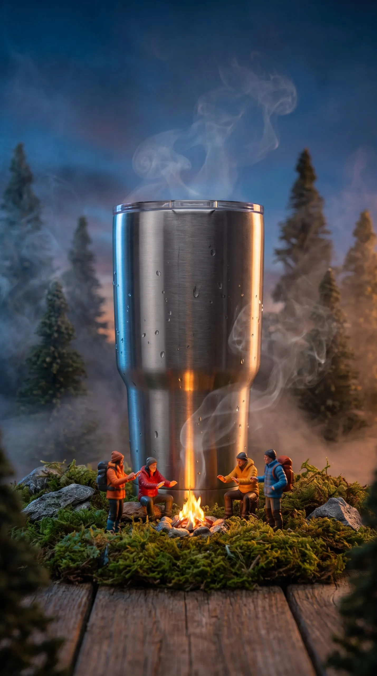 Miniature product world with an insulated tumbler beside tents, hikers, and a glowing base camp