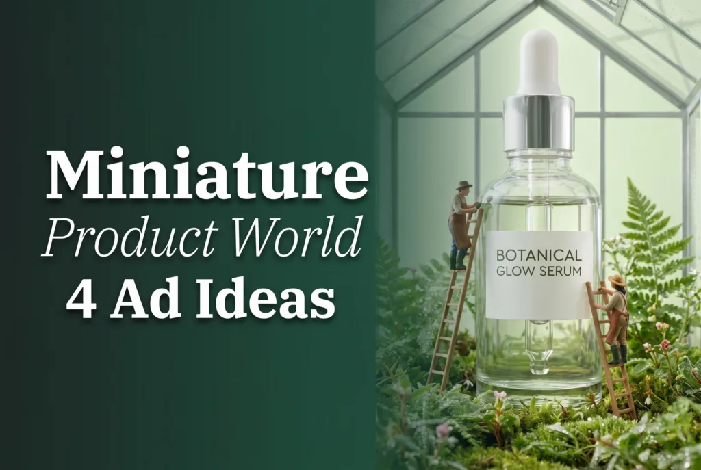 Miniature product world with tiny creators building scenes around oversized products