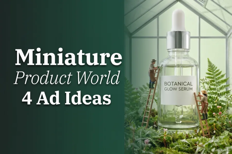 Miniature product world with tiny creators building scenes around oversized products
