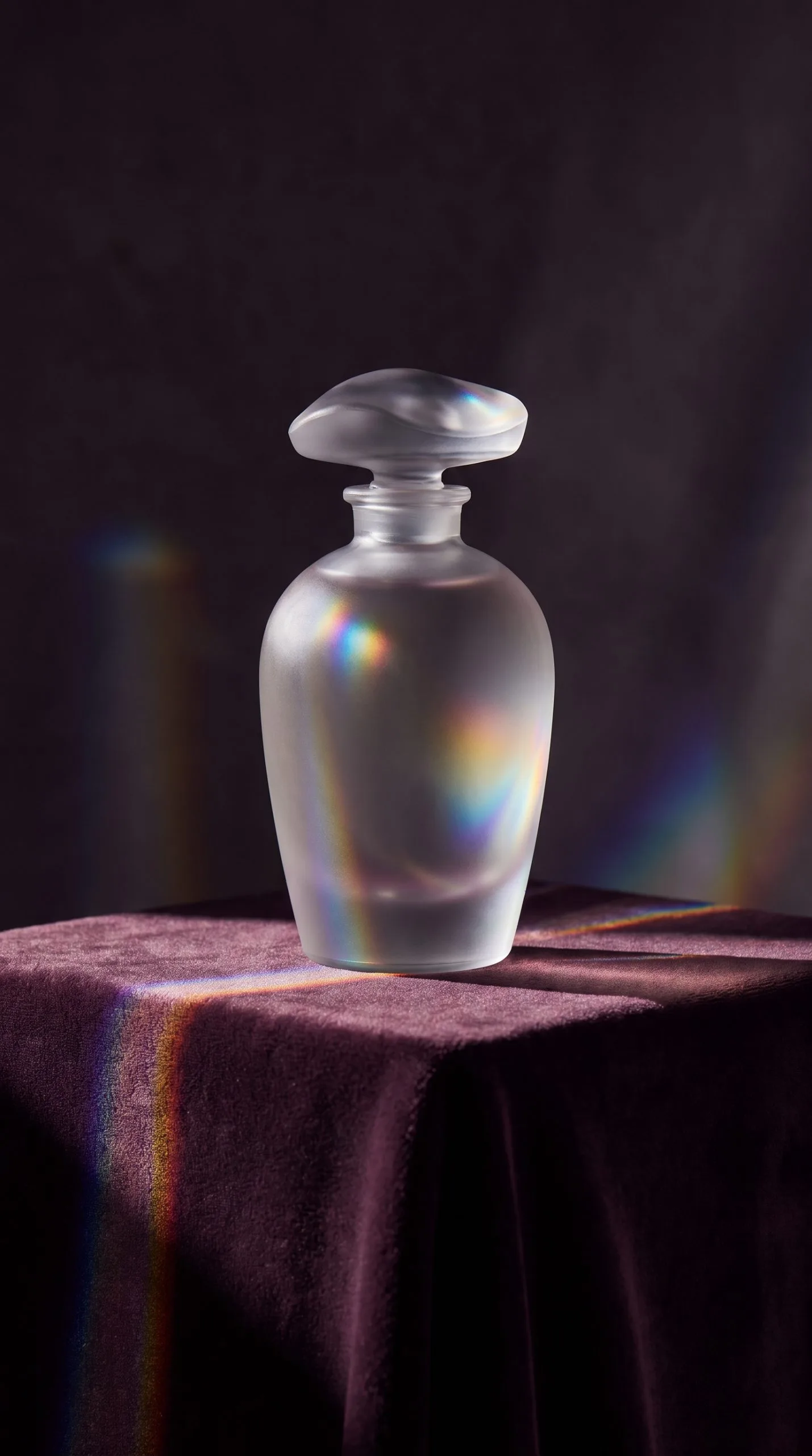 prism packshot effect with a perfume bottle surrounded by plum-colored light and rainbow refractions