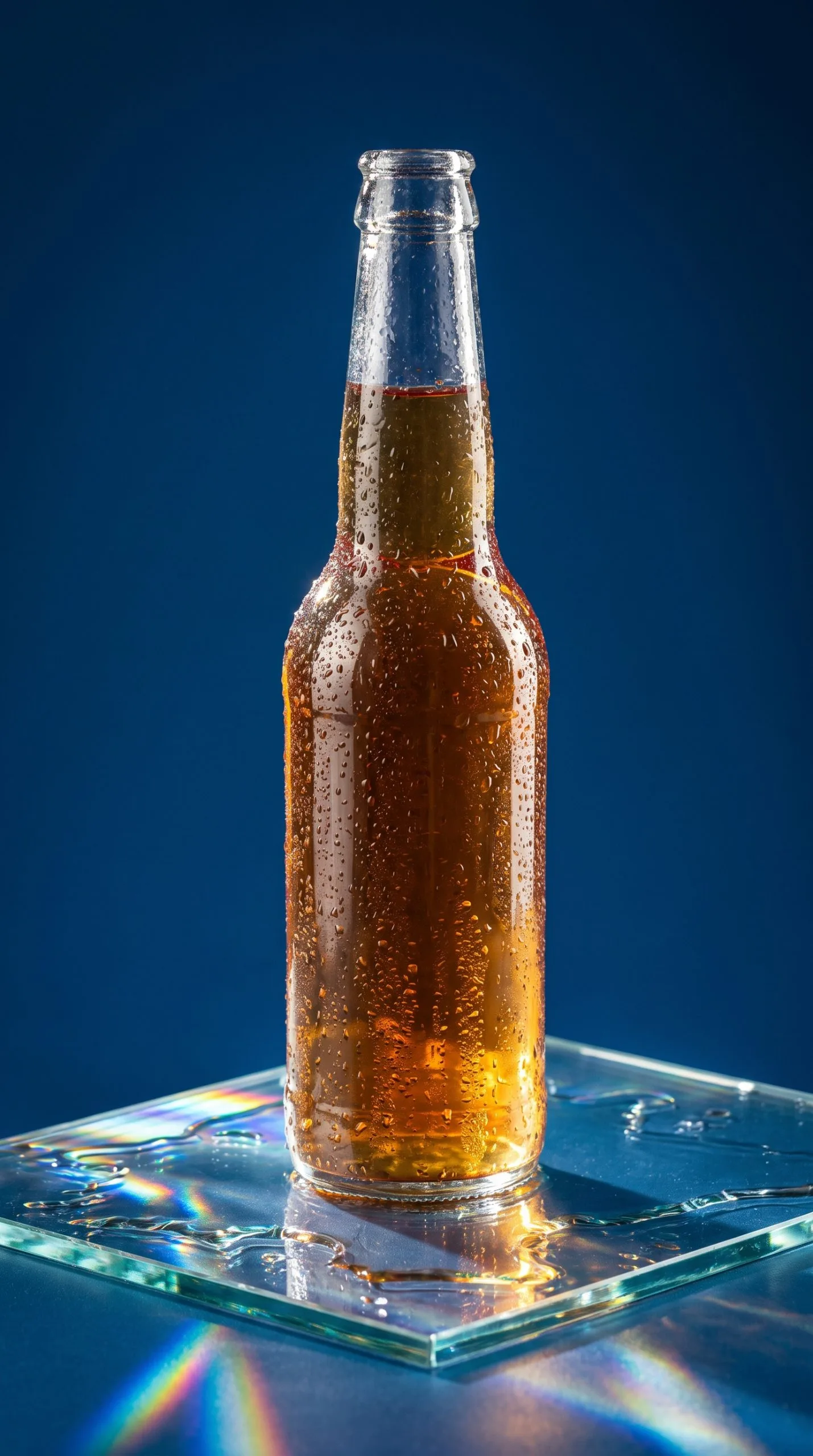 prism packshot effect with a drink bottle, glassy refraction, and colored light across the surface