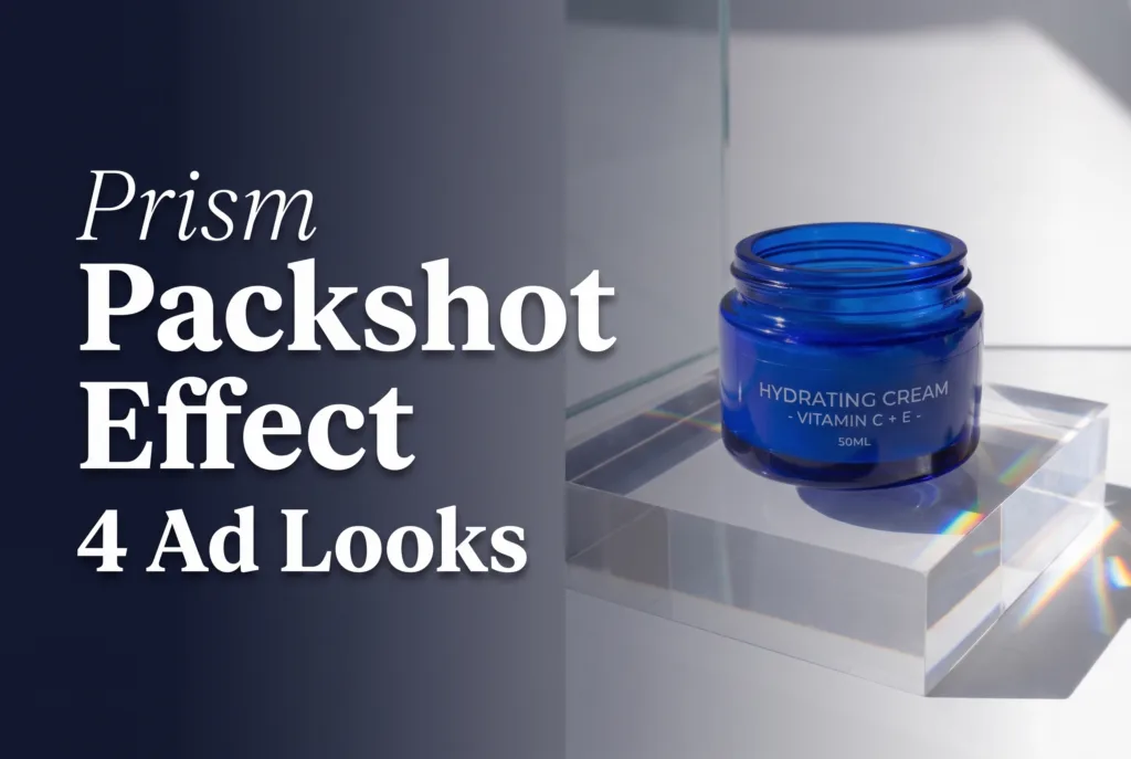 Prism packshot effect casting refracted rainbow light across a polished product scene