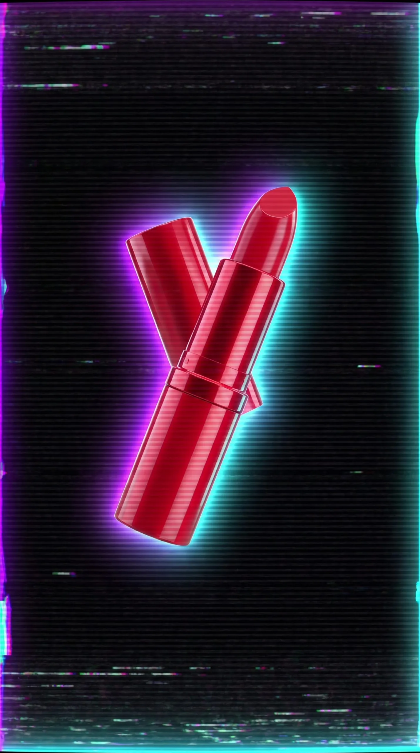 retro vhs effect lip close-up with a red lipstick bullet catching colored tape glitch