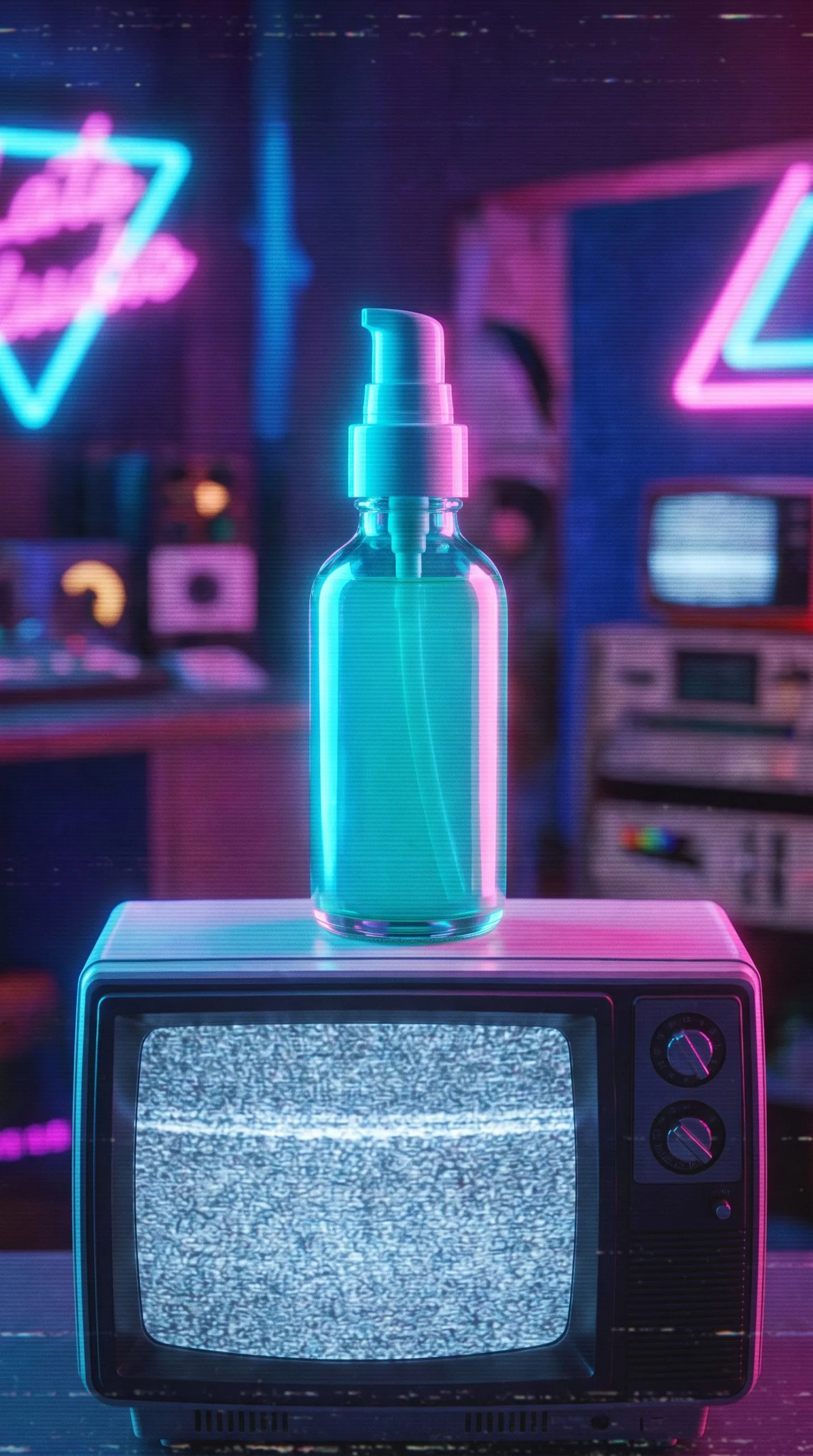retro vhs effect skincare serum bottle emerging from late-night-TV colored static