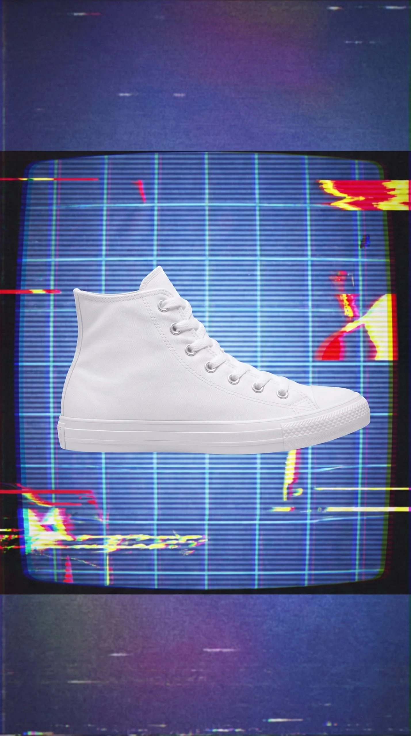 retro vhs effect sneaker shown in a music-video grid distortion of repeated panels