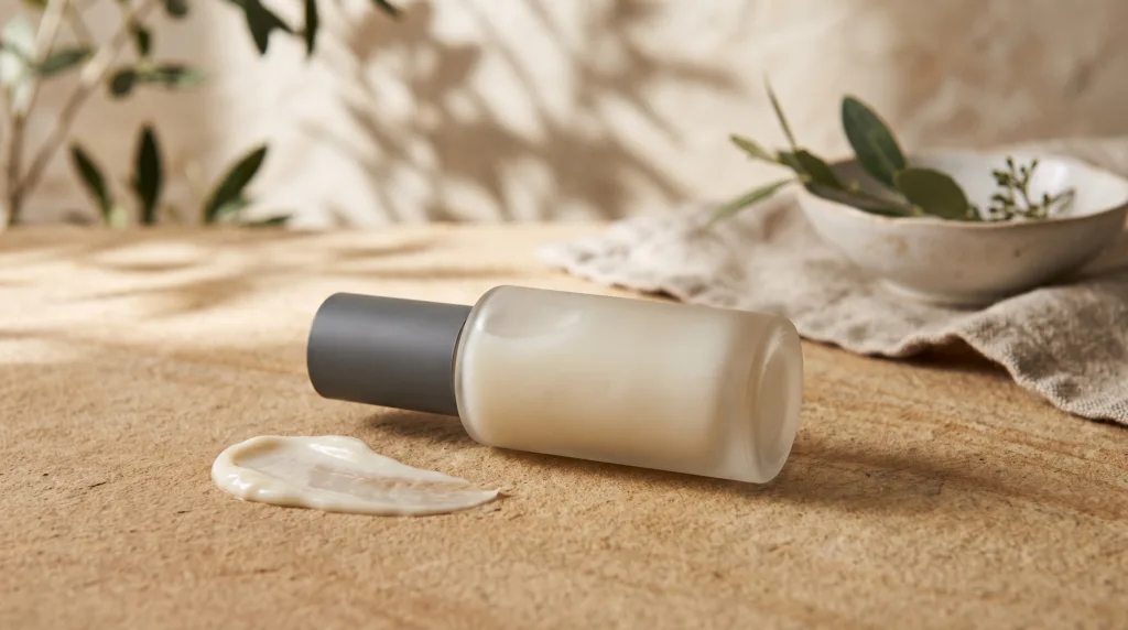 Unlabeled frosted skincare bottle and cream texture in soft window light