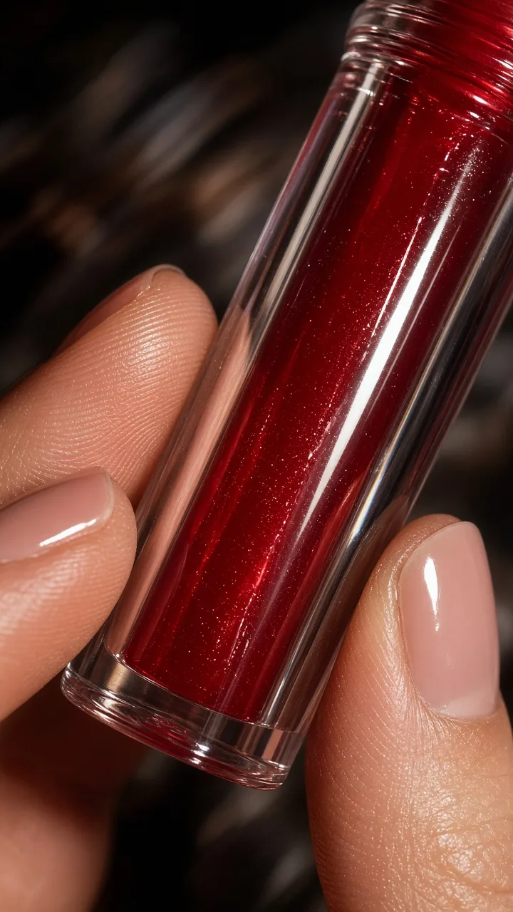 Tactile product photography of a lip gloss tube held between fingertips in a tight handheld close-up