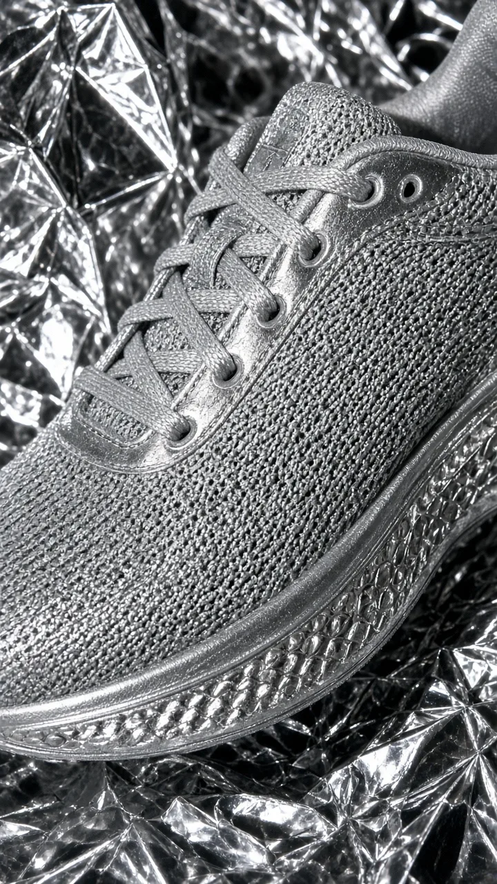 Tactile product photography of a metallic shoe pressed onto crumpled foil showing material-on-material contrast