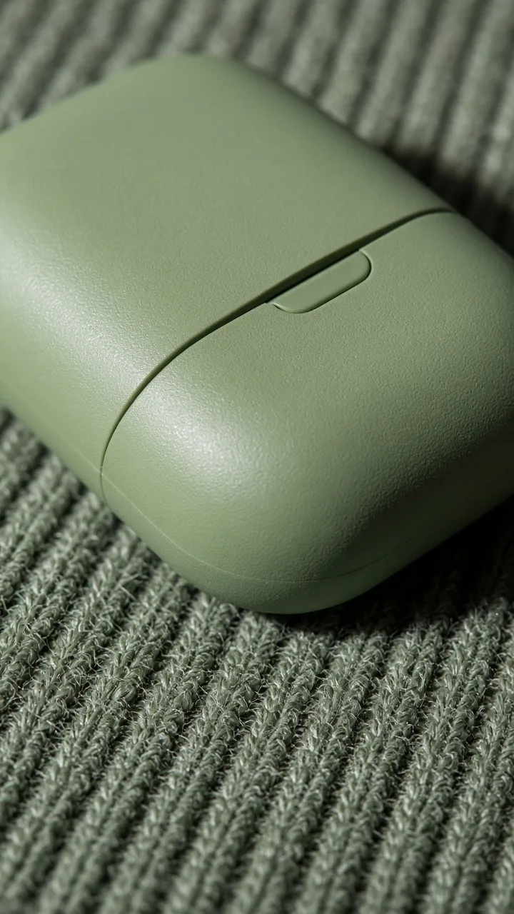 Tactile product photography of earbuds resting on a ribbed knit sweater with soft-texture contrast
