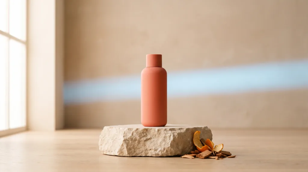 Unbranded coral bottle on a stone pedestal with orange peel and blue studio light
