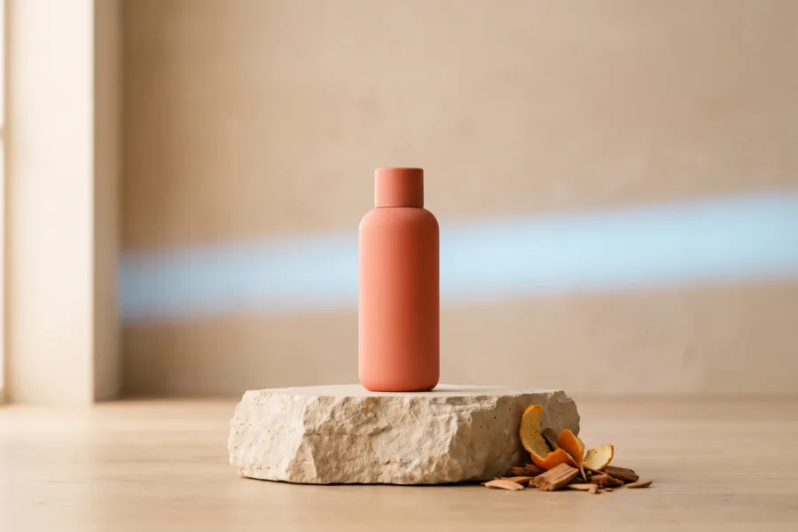 Unbranded coral bottle on a stone pedestal with orange peel and blue studio light