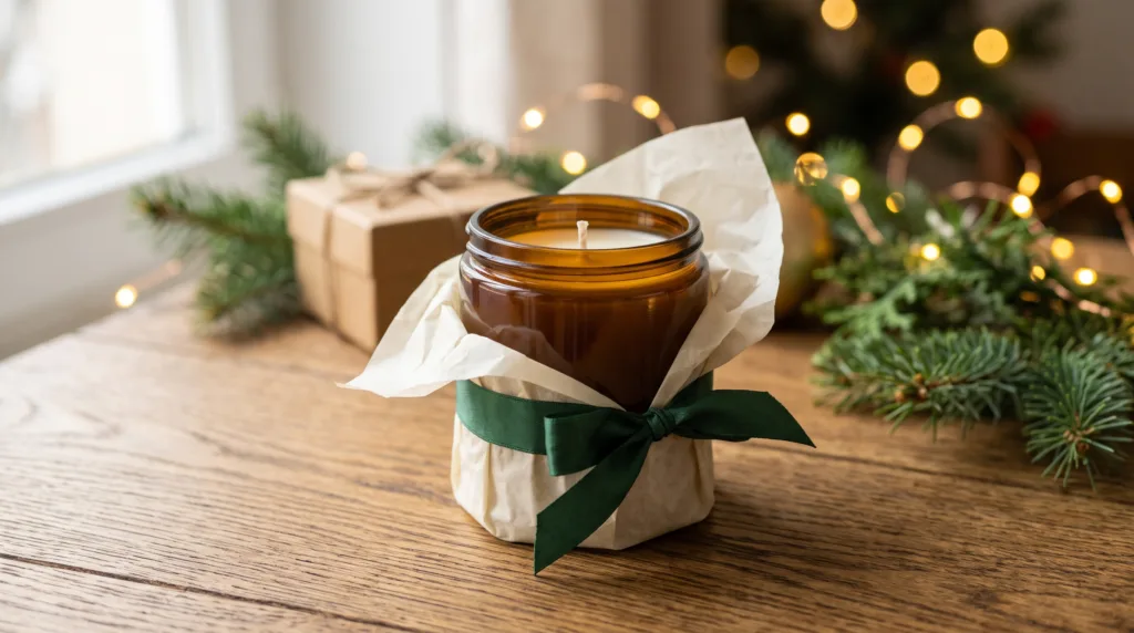 Unbranded amber candle wrapped as a holiday gift with evergreen branches and warm lights