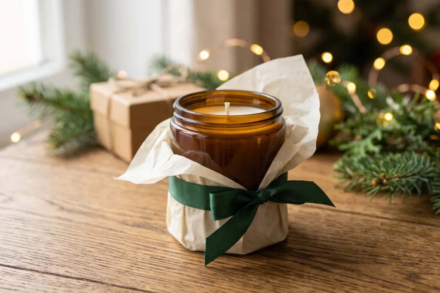 Unbranded amber candle wrapped as a holiday gift with evergreen branches and warm lights