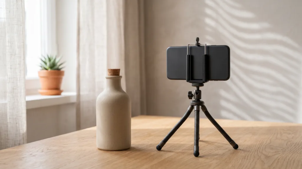Unbranded bottle beside a smartphone on a tripod in a home product video setup
