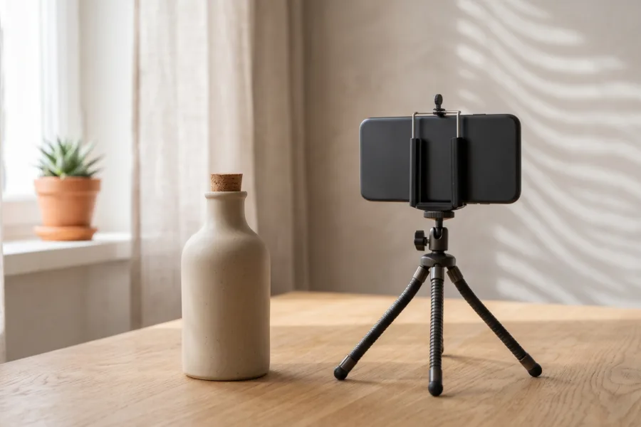 Unbranded bottle beside a smartphone on a tripod in a home product video setup