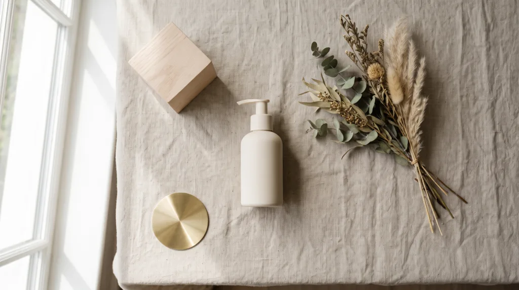 Unbranded skincare bottle and simple props arranged on a linen product video set