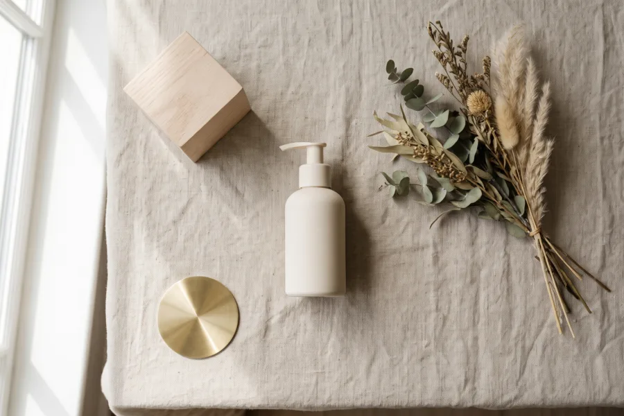 Unbranded skincare bottle and simple props arranged on a linen product video set