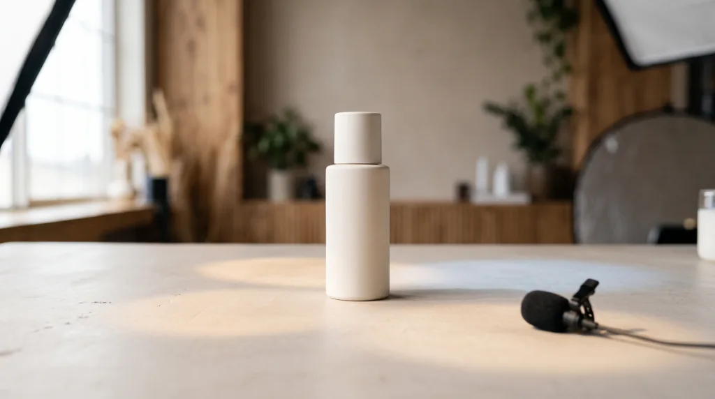 Blank skincare bottle beside a small microphone in a warm studio setting